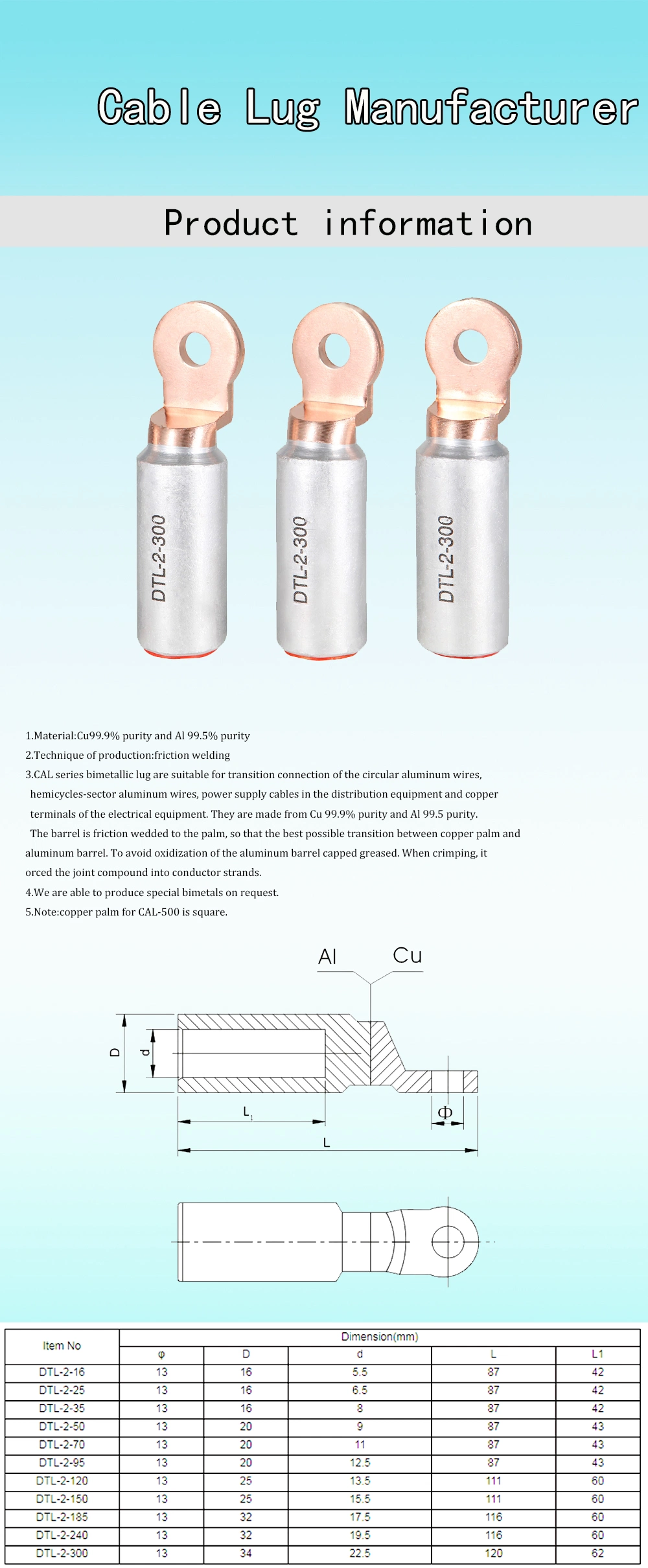 Cal-a Type Copper-Aluminum Electrical Terminal Connectors Cable Lug